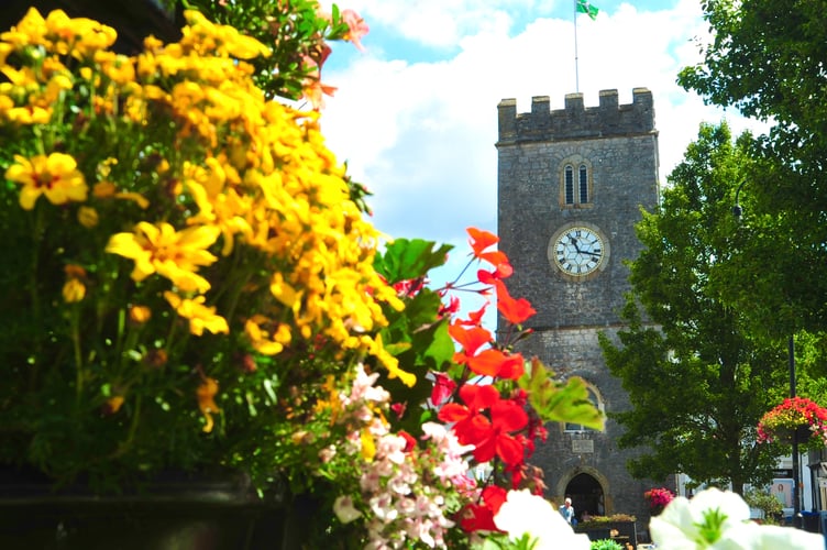 Readers' Picture.  St Leonard's Tower in Newton Abbot framed by summer blooms