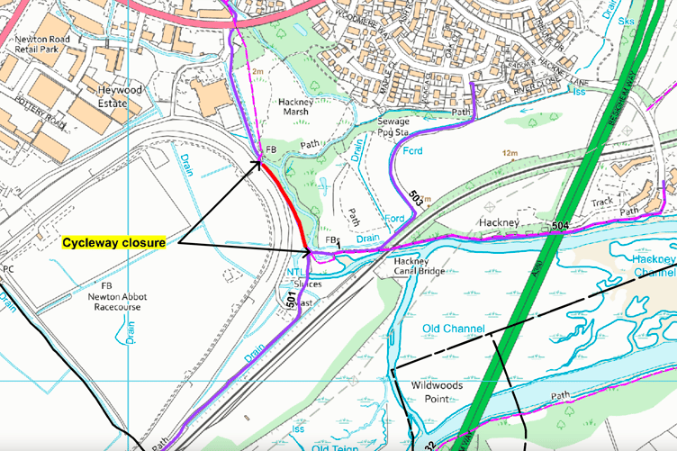 The cycleway between the two cycleway bridges at Hackney Marsh will close on August 12