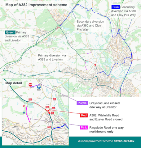 Planned diversions for work on the A382. Photo Devon County Council 