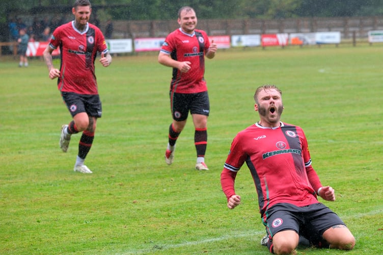 Action from the South West Peninsula Premier League East between Bovey Tracey and Torrington. Bovey romped home with an 8-0 win. Photo Alan Craig