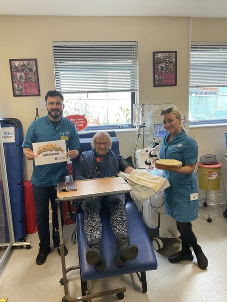 Joan Atkins making her 300th donation of platelets.