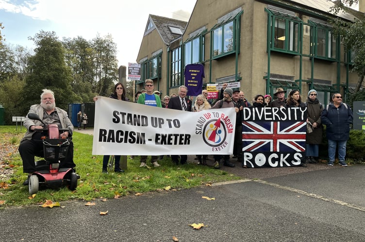 Protestors gather at Teignbridge Counciol headquarters. Photo Guy Henderson