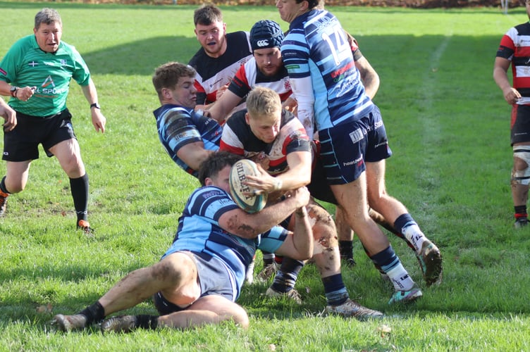 Teignmouth RFC captain and player of the match Cam Johns powering in for the first try