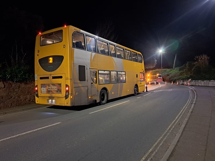 Number 2 Stagecoach bus stuck at road closure in Dawlish. Photo Thomas Mills