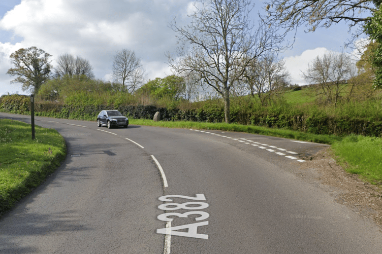 The A382 is blocked both ways due to a fallen tree