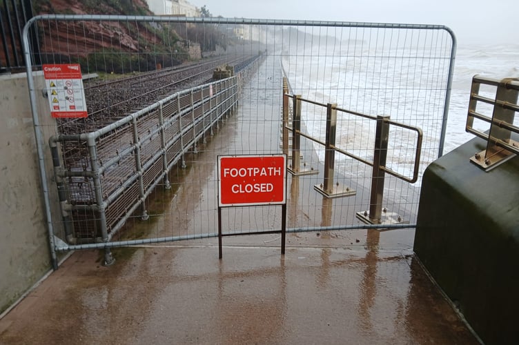 Footpath along the old sea wall between Dawlish and Dawlish Warren remains closed. Photo South West Rail Resilience Programme