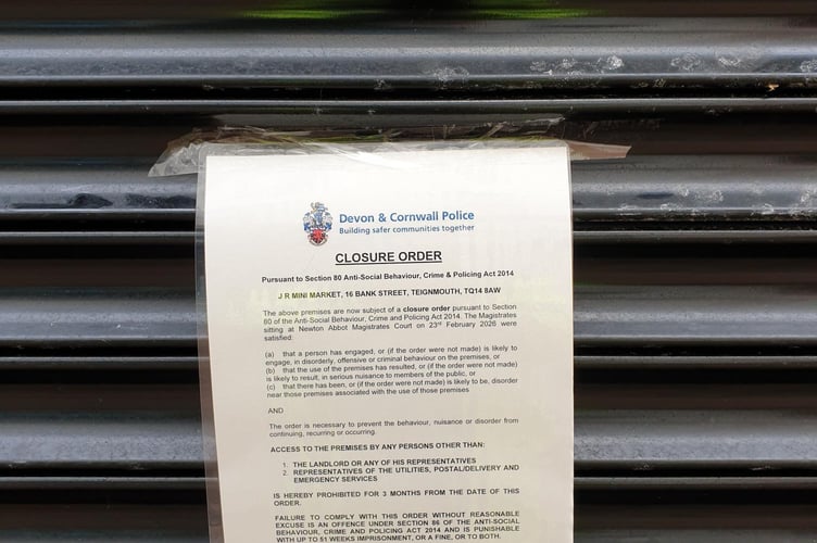 The closure notice at JR Mini Market in Teignmouth. Photo Teignmouth police