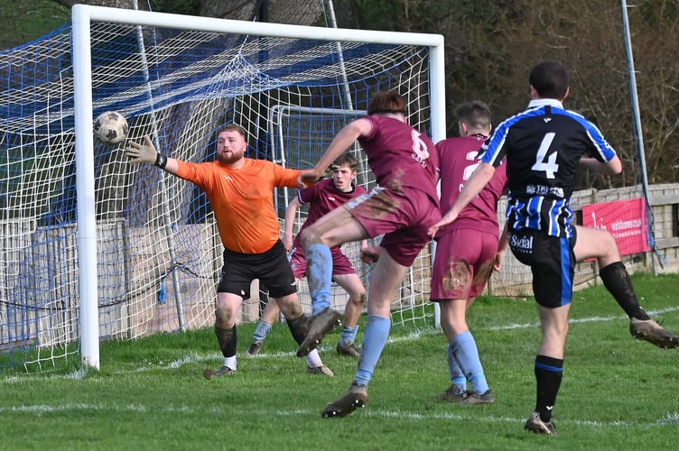South Devon Football League Premier Division, Match action from Newton Abbot Spurs 2nds versus Chudleigh Athletic. The match was played at Chudleigh's Kate Brook ground rather than the Rec with Chudleigh taking a 5-1 win over Spurs.