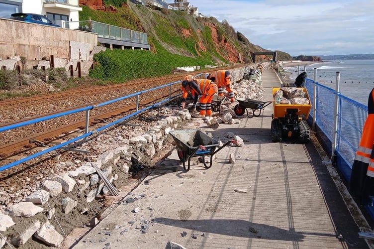 Engineers repairing Dawlish sea wall. Photo South West Rail Resilience Programme. 
