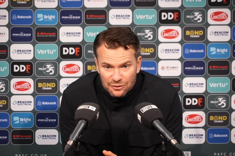 Plymouth Argyle head coach Tom Cleverley addresses the media at Home Park