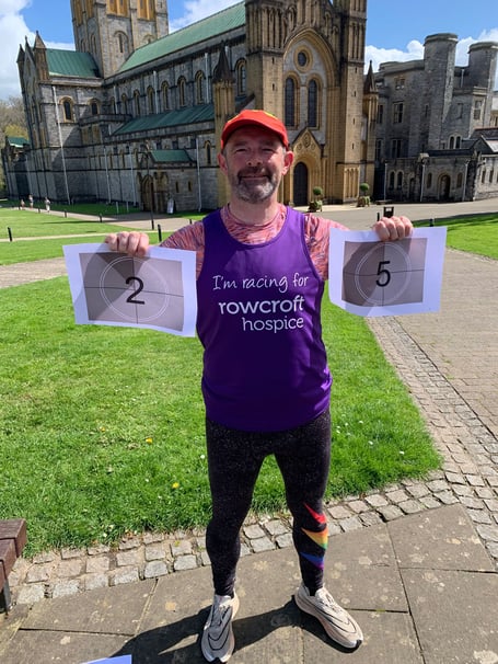Geoff Pring at Buckfast Abbey marking the halfway point of his 50 marathon challenge. Photo contributed.