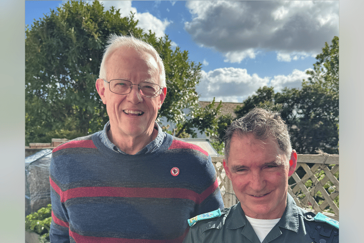 Peter Grimsey, left, collapsed while training in a pool at Dawlish Leisure Centre in April 2025