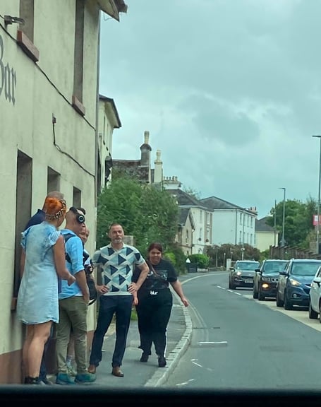 Fred Siriex and film crew outside Ye Olde Cider Bar in East Street, Newton Abbot. Photo Spotted Newton Abbot