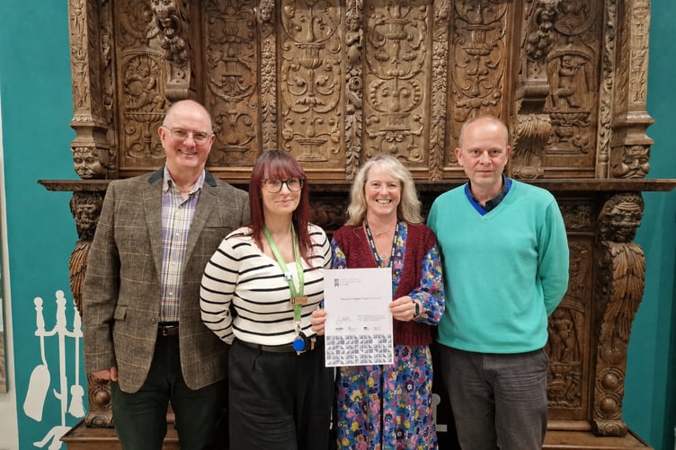 Newton Abbot Town Clerk Phil Rowe, Deputy Town Clerk Sam Scott, Principal Administrator Linda McGuirk, Projects and Strategy Officer Pierre Doutreligne with the NALC awards. Photo contributed