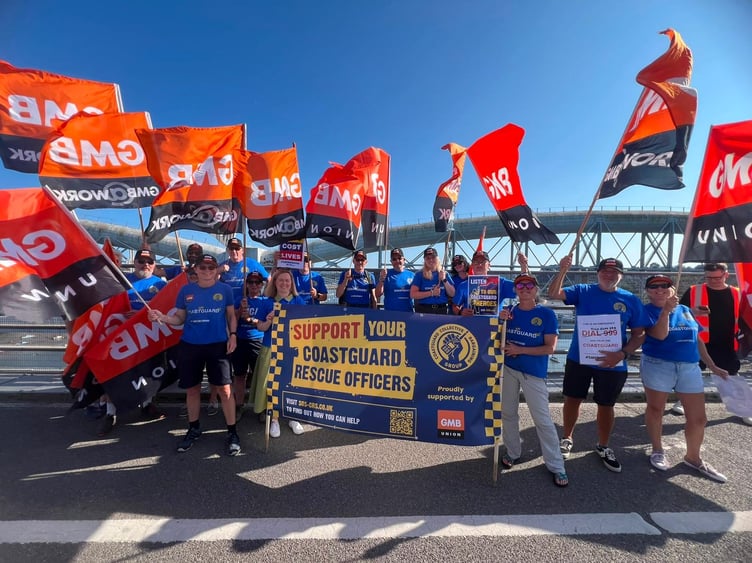 Members of coastguard rescue teams from across Devon and Cornwall staged a protest on Tamar Bridge amid possible changes to their pay and status (Image courtesy: Pippa Unwin).