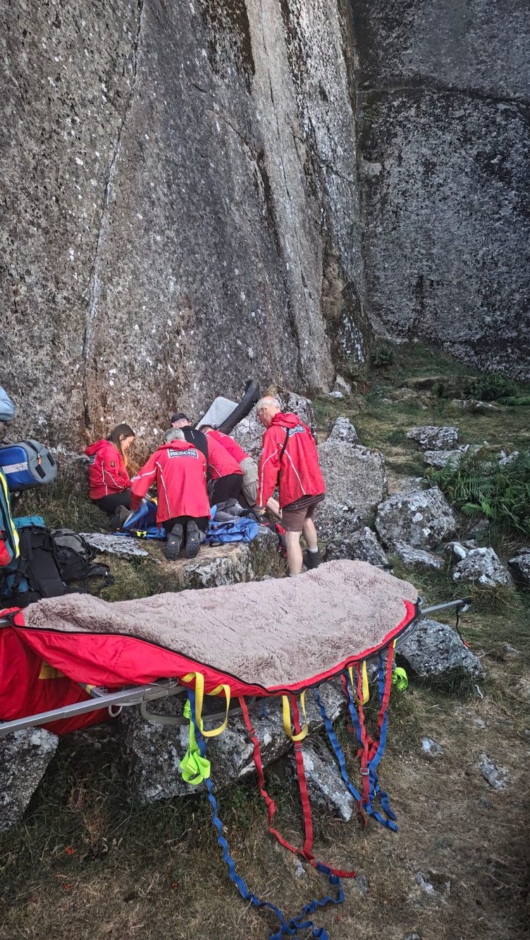 Members of Dartmoor Search and Rescue Ashburton team rescue an injured climber. Photo DSAR