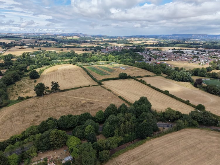Fields dried by drought as far as the eye can see in this drone shot taken over Wellington's Hilly Head and looking toward the Quantocks and Brendons..