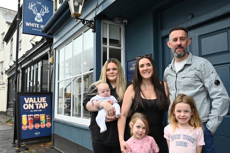 White Hart, Newton Abbot, Aleesha Atkinson-Bourne with Theo, Kate Atkinson, Chris Forster and Piper and Meredith Atkinson-Forster