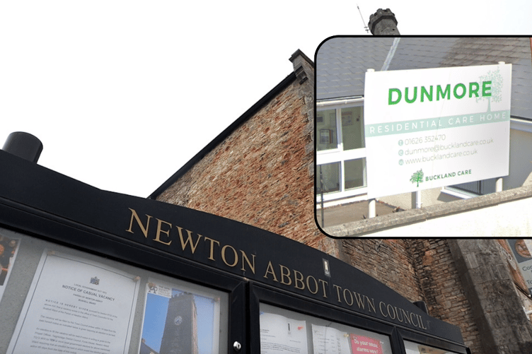 Background: Newton’s Place, the home of Newton Abbot Town Council. Inset: The former Dunmore Care Home at Courtenay Road