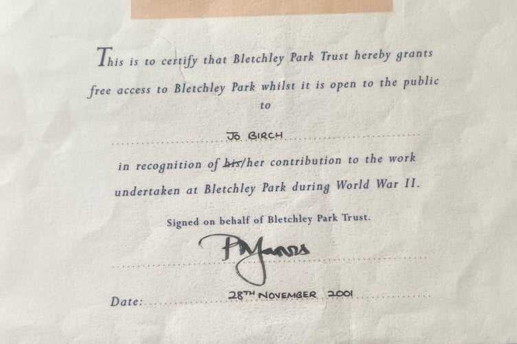 Freedom of Bletchley Park certificate awarded to Jo Birch of Newton Abbot