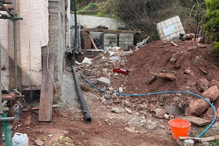 Work underway to rebuild the collapsed gable wall at The Ship Inn, Cockwood